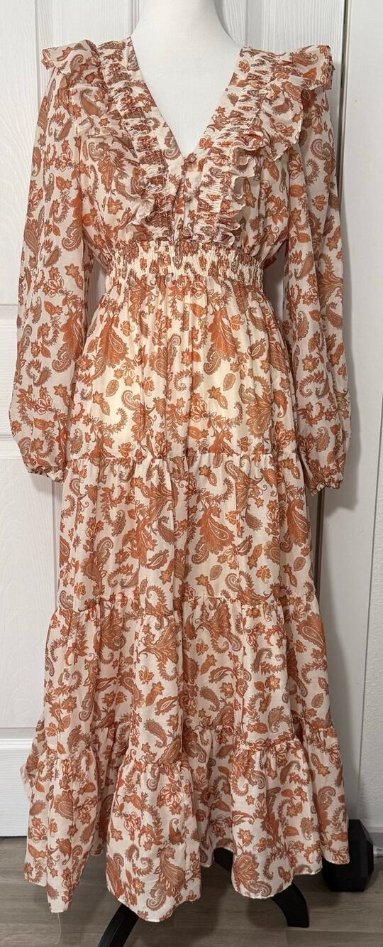 Aqua Women's Tiered Ruffle Paisley Print Long Sleeve Maxi Dress Size Medium